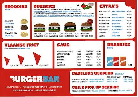 burger bar amsterdam - menu